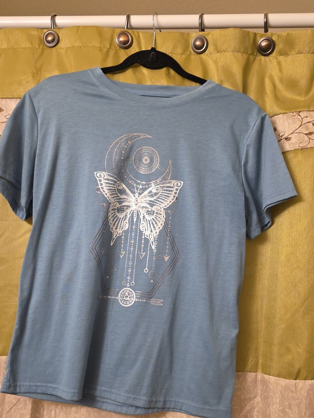Light Blue Graphic T-Shirt with Moon & Butterfly Print